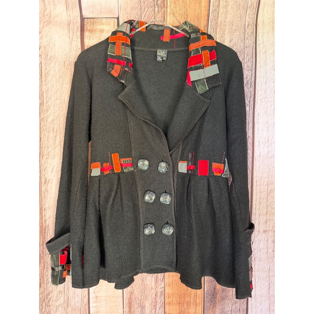 CoVelo Jacket Wool Wearable Art to Wear Black Appliqué Artsy Whimsical Medium